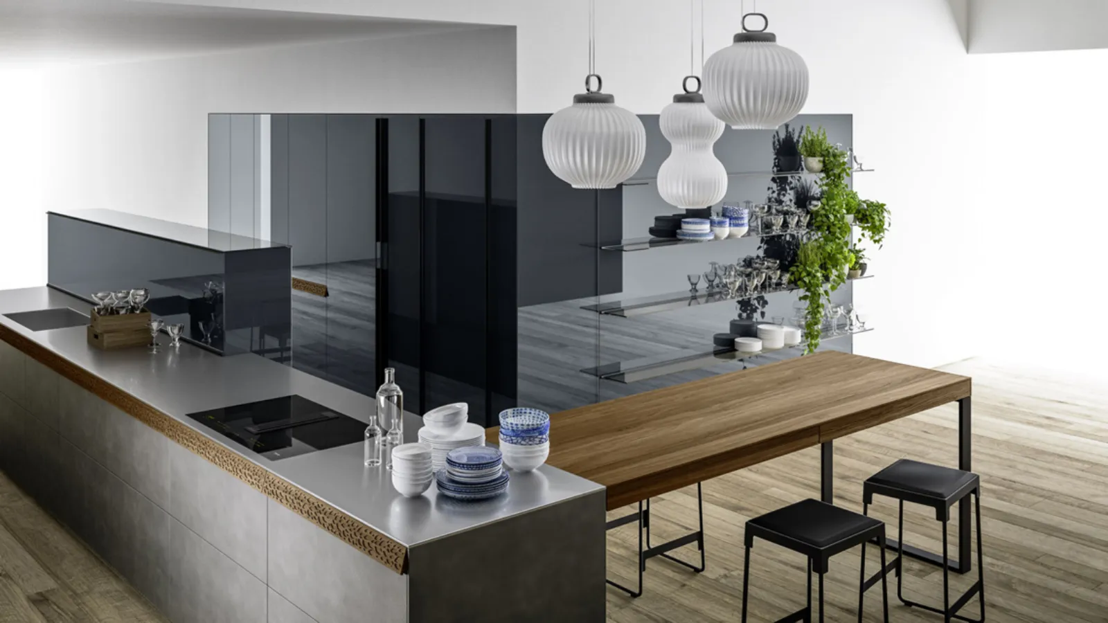 Cucina Genius Loci zinco titanio spazzolato con cassetto intaglio